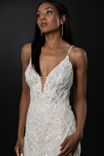 Martina Liana #1713 #2 (IVRM-PL) Ivory Lace & Tulle over Rum Gown w Porcelain Tulle Plunge thumbnail
